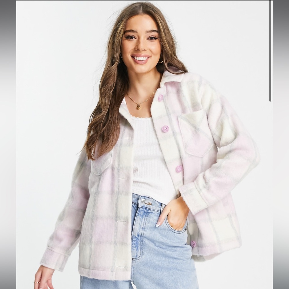 Hollister Pink and White Teddy Jacket Cozy Oversized Fit